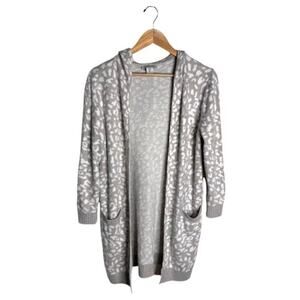 Rachel Zoe Hooded Cardigan Leopard Print Small Open Gray Pockets Oversized Cozy